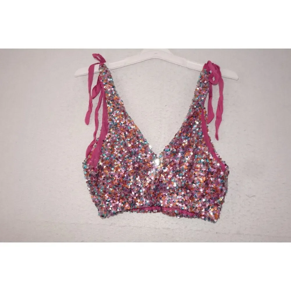 NEW Free People Intimately Big Night Sequin Crop Top Pink Women's Small